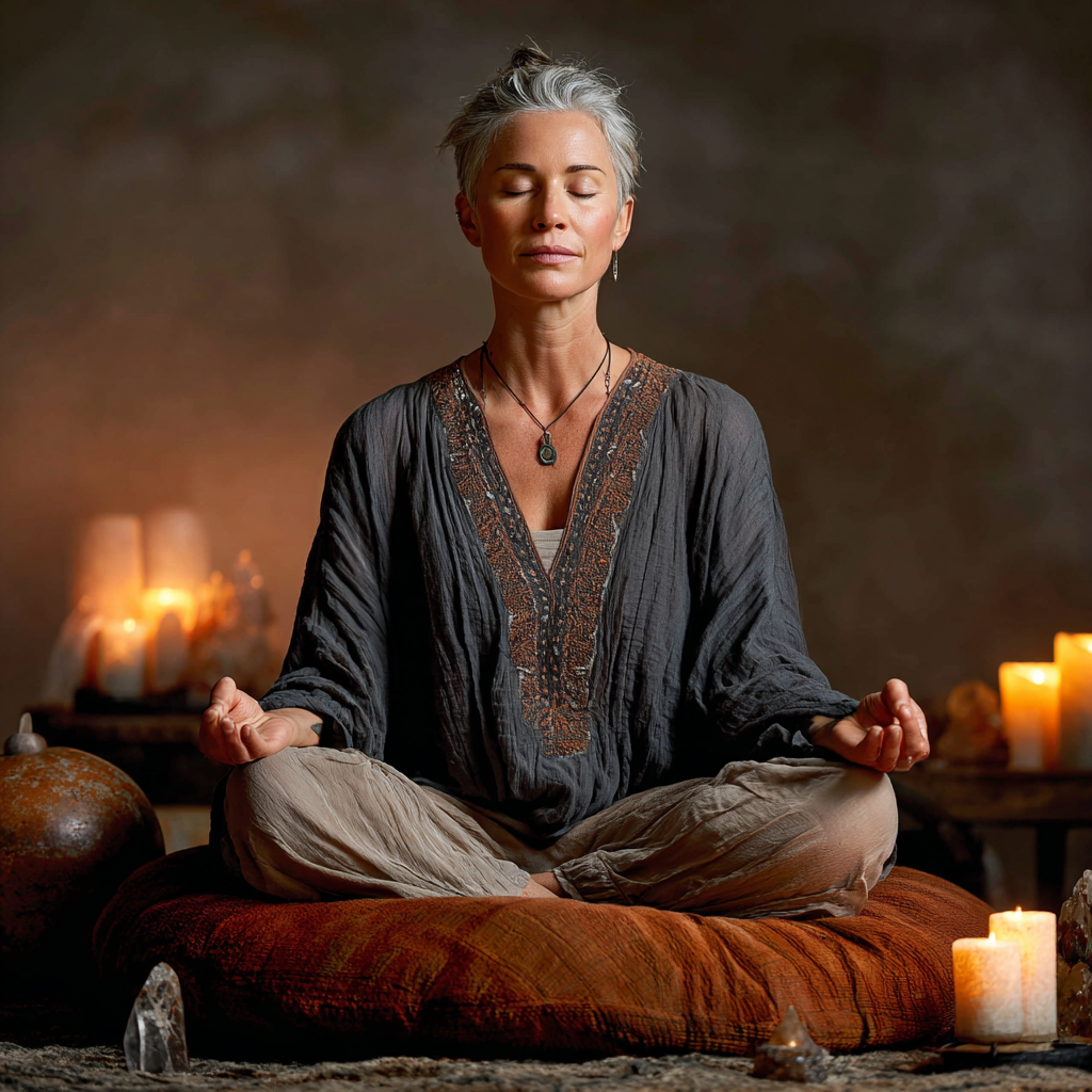 Femeie de 52 de ani în poziția lotus pe o pernă de meditație, cu mâinile în mudra, într-un colț liniștit cu lumânări și cristale
