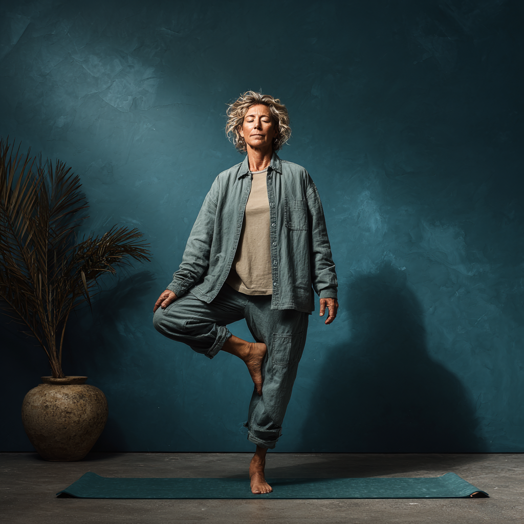 Femeie de 55 de ani practicând yoga în poziția copacului, cu brațele întinse spre cer, pe o saltea verde în studio natural