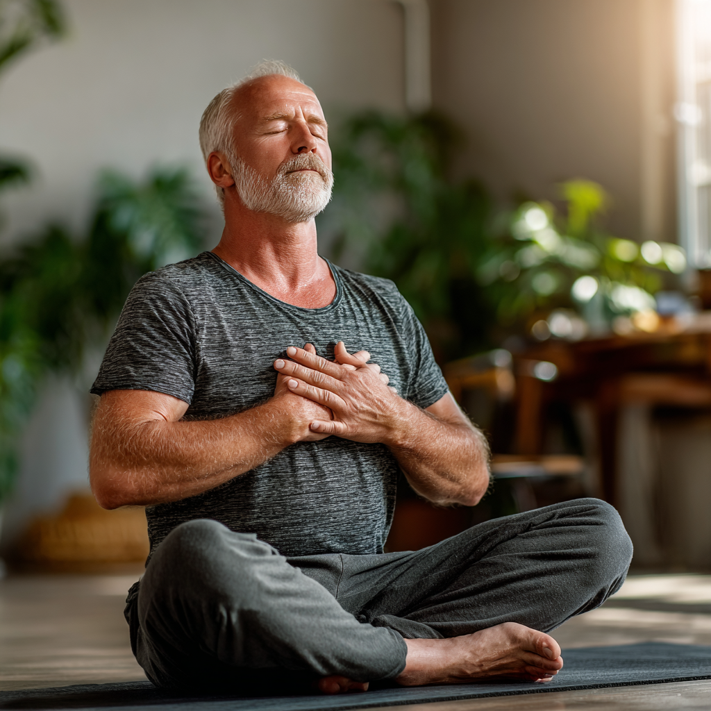 Bărbat de 60 de ani în poziția meditației pe saltea, cu ochii închiși și palmele unite la piept, într-un studio luminos cu plante verzi în fundal